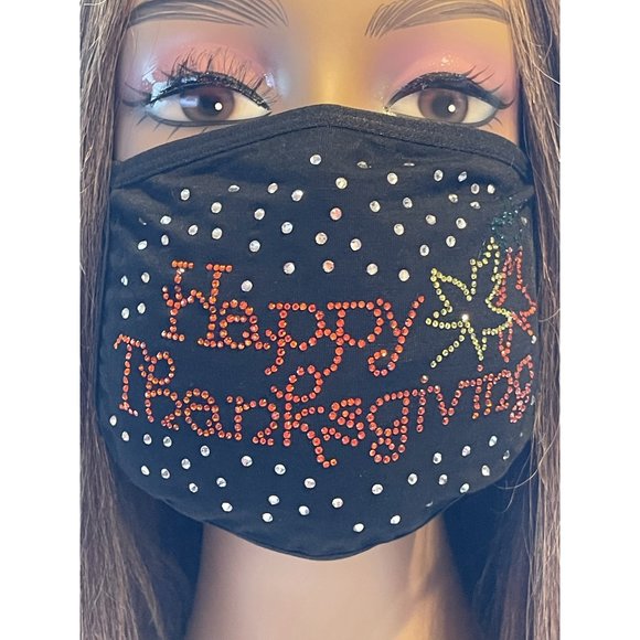 Happy Thanksgiving Bling Rhinestone Face Mask - Picture 8 of 10